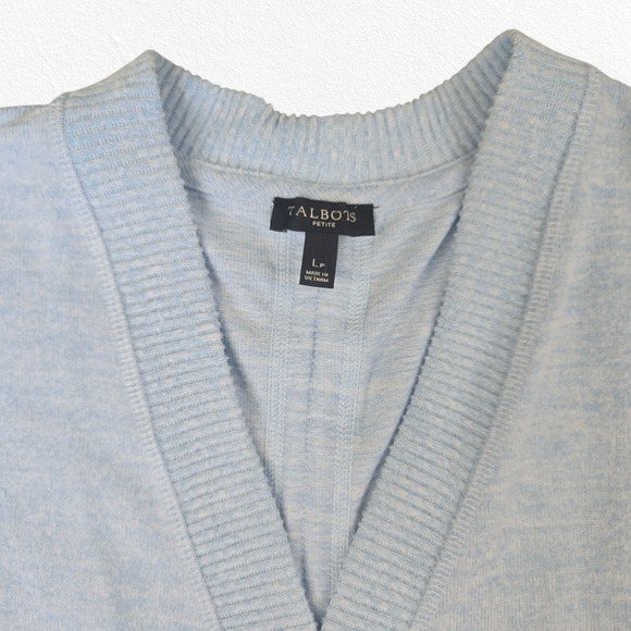 Talbots Light Blue Ruched Back Open Front Cardigan Sweater Size Large Petite - Picture 2 of 10